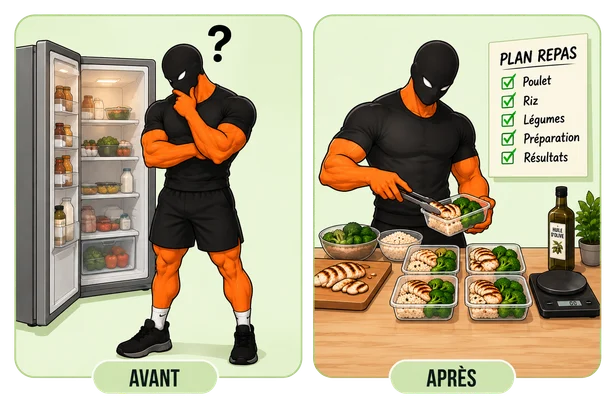 Avant : le personnage Kardyo perplexe devant son frigo. Après : il prépare ses repas avec une balance et une liste.