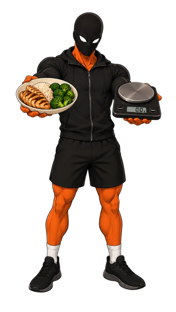 Le personnage Kardyo, une assiette dans une main et une balance de cuisine dans l'autre